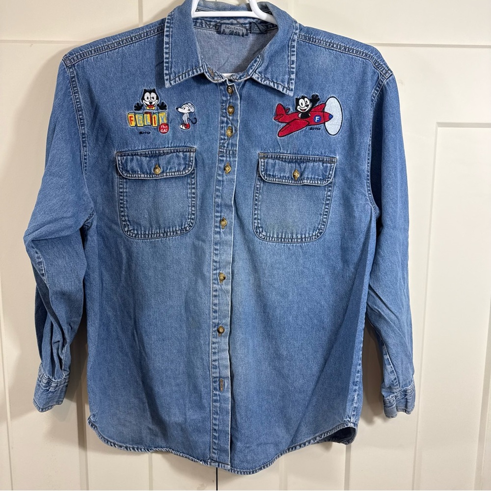 Women's Denim Button Down Shirt Felix the Cat Cartoon Appliqué Vintage 99’s Y 2K